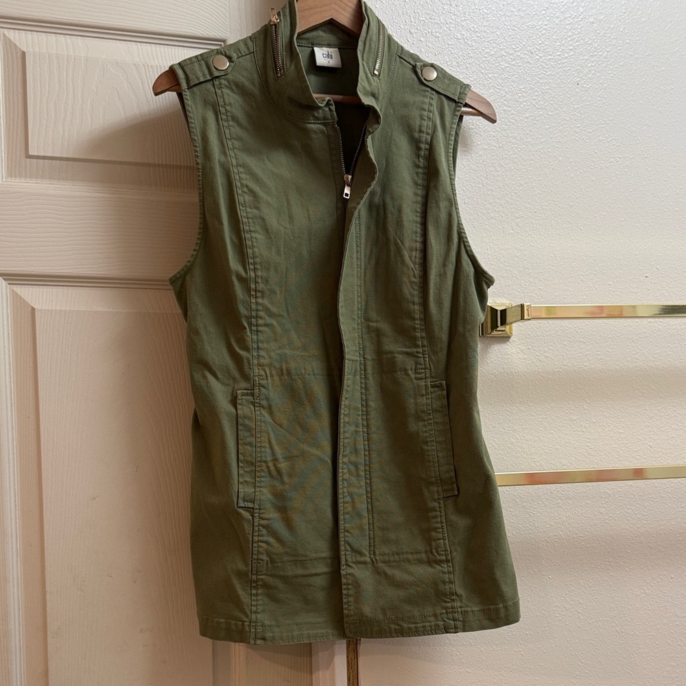 CAbi Olive Green Sleeveless Utility Vest with Snap Shoulders